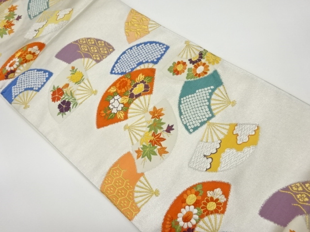 扇散らしに草花模様織出し袋帯